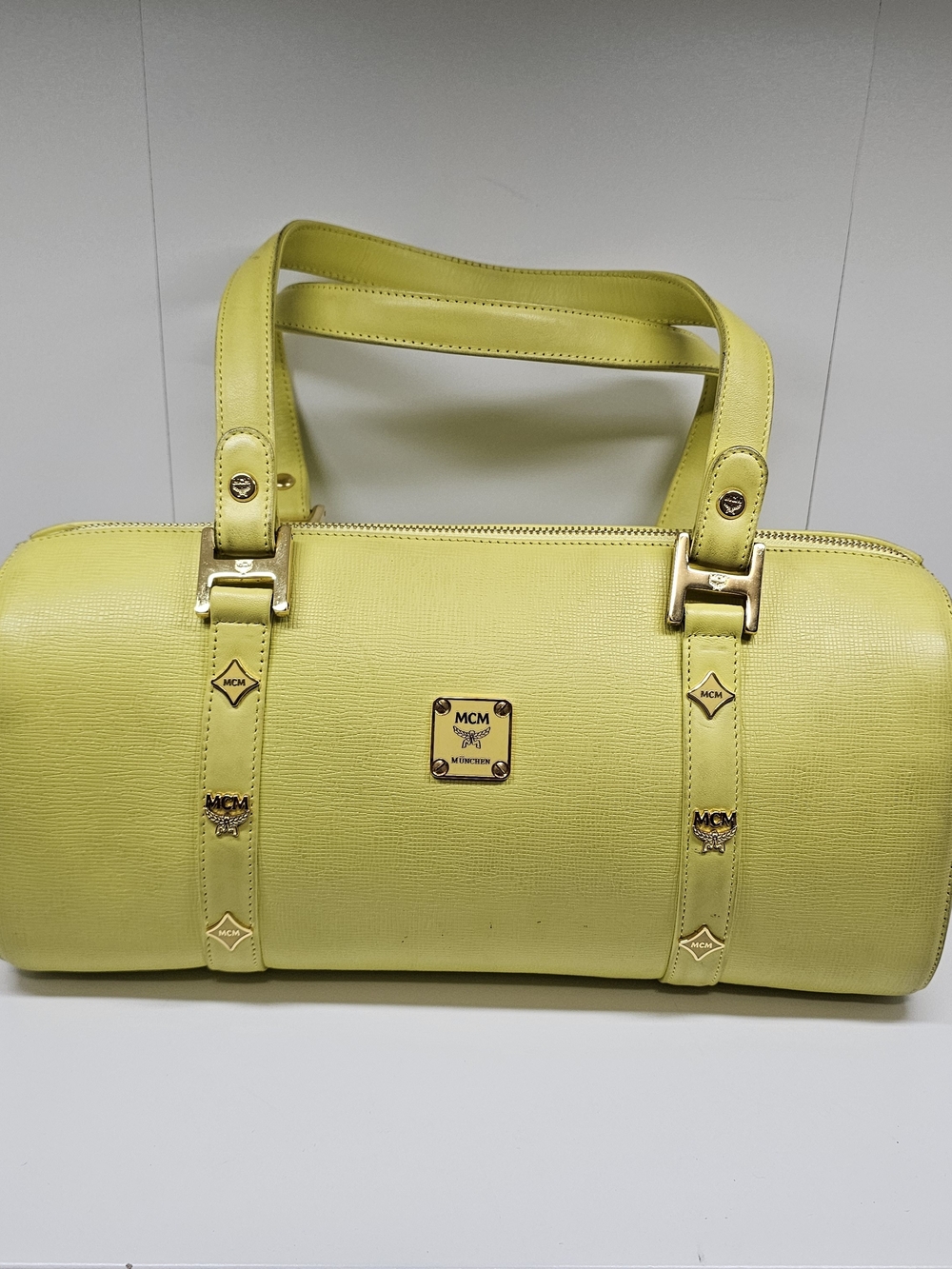 MCM Lemon Yellow Leather Barrel Satchel with Gold Hardware